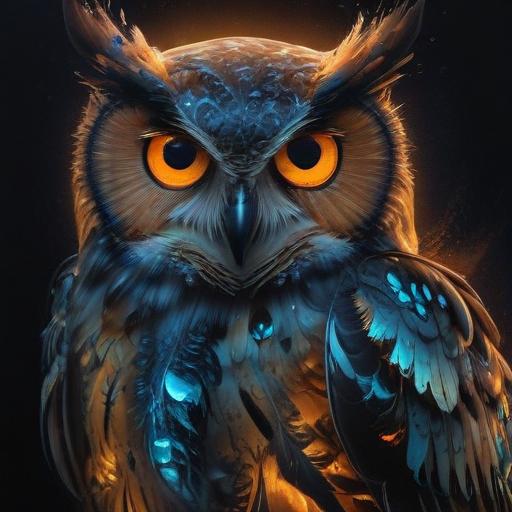 magic realism masterpiece , x ray animal totem, translucent owl , glowing , luminism , bioluminescence, fire wings, night , splash art , alcohol ink , intricately detailed , sharp focus , extremely detailed, dark fantasy, glowing,